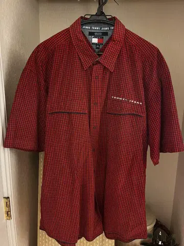 Tommy Jeans 빨간색 체크 무늬 반팔 셔츠 2XL