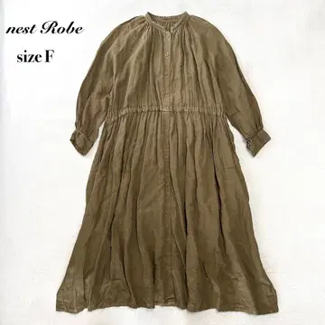 nest Robe 린넨 개더 스모크 원피스 밴드 카라 F 카키