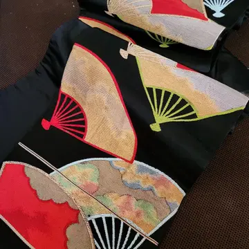 부채와 구름 자수 후쿠로 오비