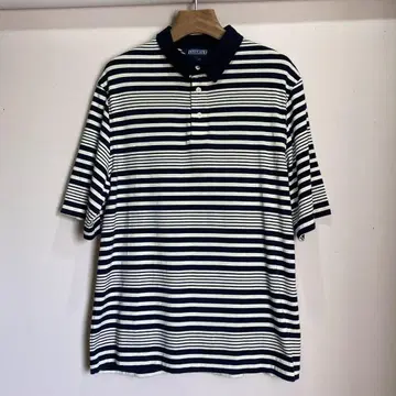 LANDS' END 보더 피케 셔츠 네이비 M 페루산 코튼