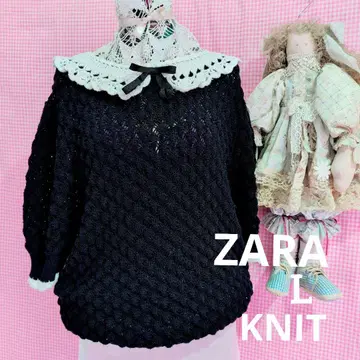 ZARA 자라 블랙 니트 스웨터 퍼프 슬리브 레이스 카라 부착 귀여운