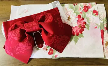여성 유카타/오비/오비판 3개 세트/화이트 베이스/빨간색 꽃무늬