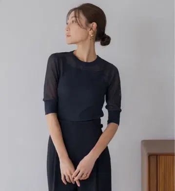regleam 오분 소매 시어 니트 네이비 리그림