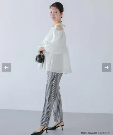 Fitmore 밑단 리본 깅엄 테이퍼드 팬츠 블랙