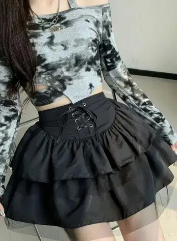 다크 코케트 페어리 그런지 프릴 스커트 블랙 레이스업 Y2K