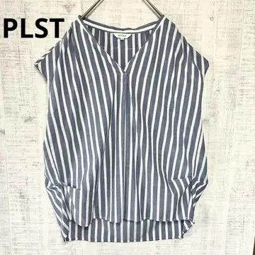 PLST 플라스테 스트라이프 V넥 슬리브리스 블라우스 블루 얇은 소재 M