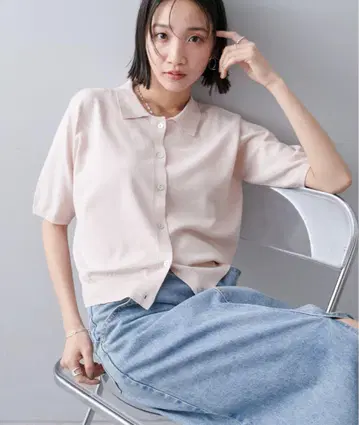 핑크 버튼 반팔 니트 셔츠 사라모치 카라 반팔 가디건