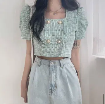 펄 버튼이 달린 숏 기장 자켓 트위드 반팔 민트 그린