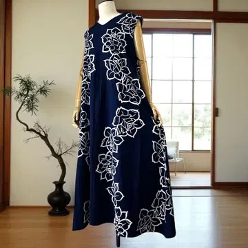 큰 키를 위한 네이비 나염 유카타 리메이크 원피스 130cm