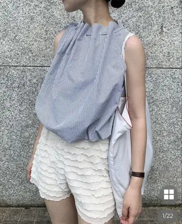 nugu plain 호박 체크 슬리브리스 블라우스 리본