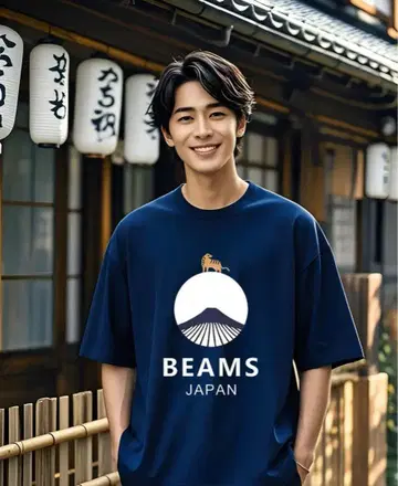 BEAMS 후지산과 호랑이 디자인 티셔츠 네이비