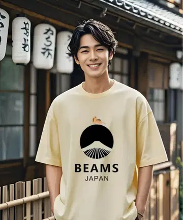 BEAMS 후지산 로고 티셔츠 크림색