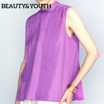 새상품급 BEAUTY&YOUTH 프론트턱 백리본 하이넥 블라우스