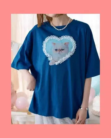 미사용 새상품! 하트 모양 레이스 고양이 귀여운 티셔츠 블루