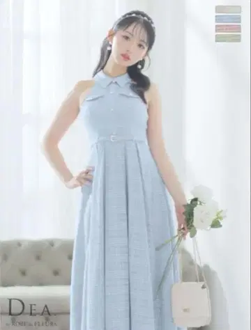 로브 드 플뢰르 홀터넥 체크 무늬 롱 드레스 S 사이즈