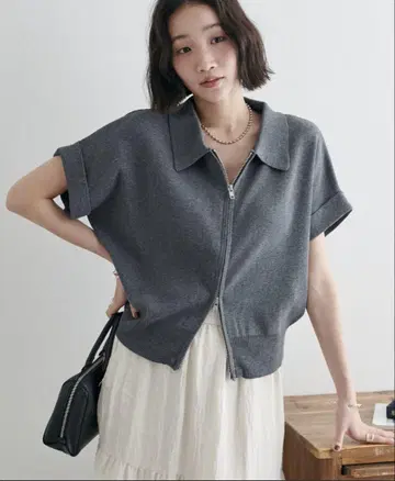 디스코트 카라 부착 W 지퍼 반팔 가디건 카라 부착