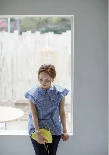 블루레아 Bluelea 더블 프릴 블라우스 깅엄 체크 리본 새상품급