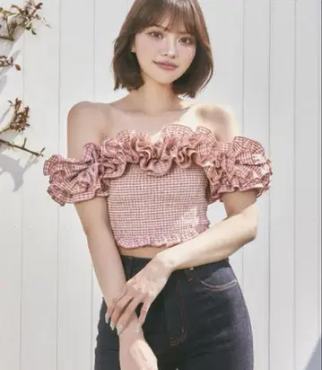 darich 다리치 깅엄 체크 오프 숄더 상의