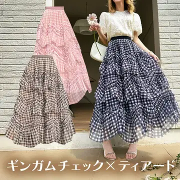 Myurina 깅엄 체크 캉캉 스커트 체크 무늬 롱 기장