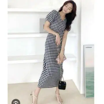 벌스데이 바쉬 체크 무늬 퍼프 슬리브 롱 원피스