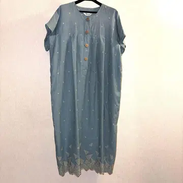 스카이블루 그린 원피스 프렌치 슬리브 면 린넨 밑단 자수 커팅