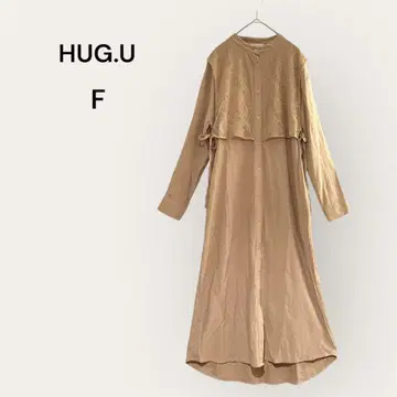 Hugyou 롱 원피스 셔츠 원피스 레이어드 스타일 레이스 베이지 F