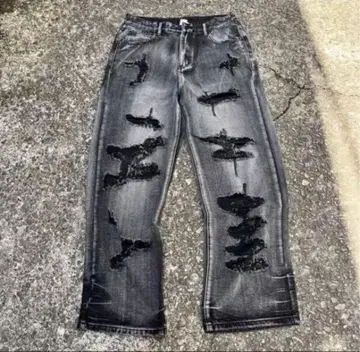 데미지 가공 다크 그레이 스트레이트 청바지
