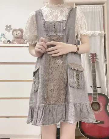모리걸 페어리 그런지 레트로 레이스업 레이스 원피스