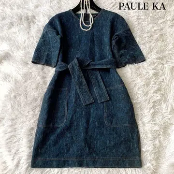 PAULE KA 데님 무릎 기장 원피스 벨벳 허리 리본 7부 소매