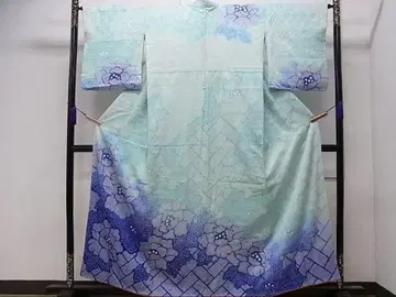 총 짜기 여름용 기모노, 대나무와 꽃 무늬, 그라데이션 염색