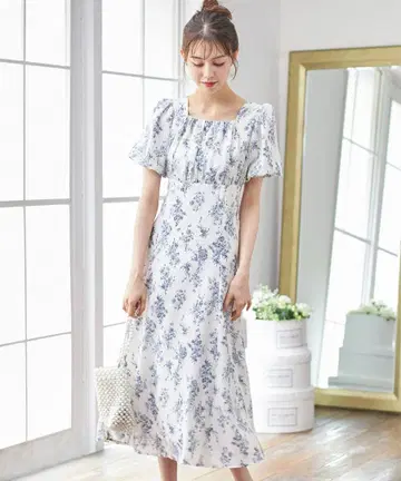 새상품 토코 펄 장식 백 레이스업 플라워 프린트 원피스
