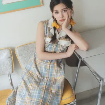 바이컬러 체크 슬리브리스 셔츠 원피스 레이디 아젤