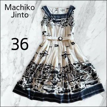 Machiko Jinto 클래시컬 거리 프린트 스퀘어 넥 원피스