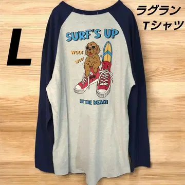 래글런 티셔츠 롱T SURF'S UP 프린트 L 사이즈 그레이 네이비
