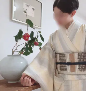 손으로 짠 명주, 변형 가로 줄무늬 무늬 직조, 세련된 후쿠로 오비