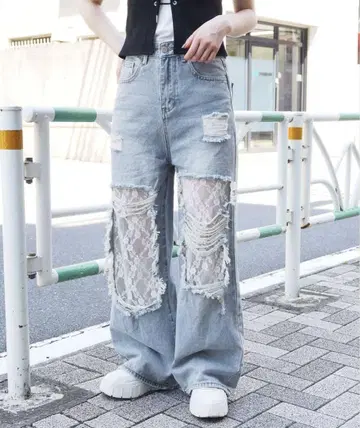 tiptop 레이스 데미지 데님 팬츠