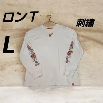 롱 T 패턴 자수 여성용 L 긴팔 화이트 코튼 100%