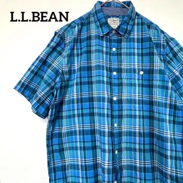 L.L.BEAN 블루 계열 마드라스 체크 반팔 셔츠 버튼 다운 남성용 M