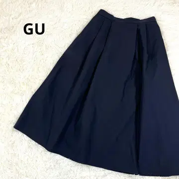 지유 GU 롱 스커트 플레어 턱 디테일 볼륨 종아리 기장 네이비