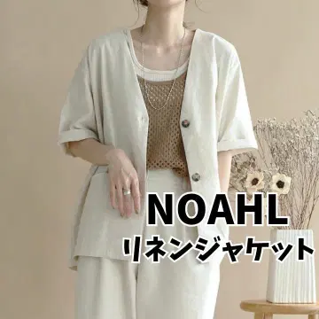 NOAHL 린넨 자켓 노카라 반팔 오버 루즈핏 마 혼방
