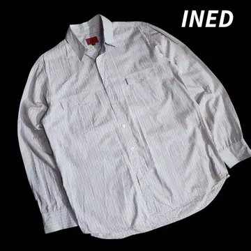 INED 스트라이프 긴팔 셔츠, 양 가슴 플랩 포켓 84672