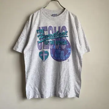 90s USA제 JESUS 그리스도 텍스트 프린트 티셔츠 헤더 그레이