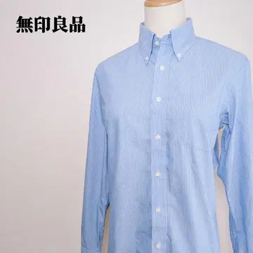 무인양품 MUJI 코튼 스트라이프 긴팔 버튼 다운 셔츠 블루 S