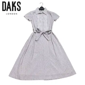 새상품급 DAKS 실크 코튼 레이스 스트라이프 벨트 포함 셔츠 원피스