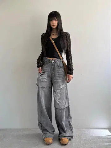 TRIFLE 커버 데미지 데님 팬츠