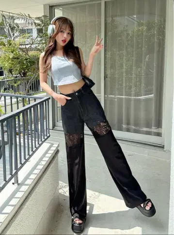 데님 레이스 트윌 이종 소재 도킹 팬츠 L