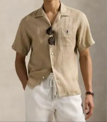 Ralph Lauren 베이지 린넨 오픈 카라 셔츠