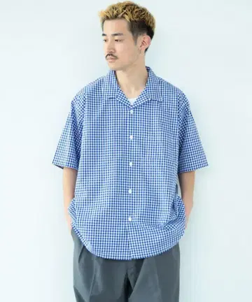 BEAMS / 루즈핏 깅엄 체크 오픈 카라 셔츠