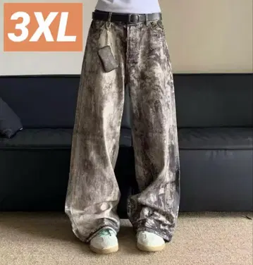 워시드 데님 리얼 트리 3XL 배기 팬츠 와이드 팬츠 카모플라주