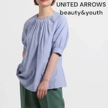 유나이티드 애로우즈 블라우스 퍼프 슬리브 개더 반팔 루즈핏